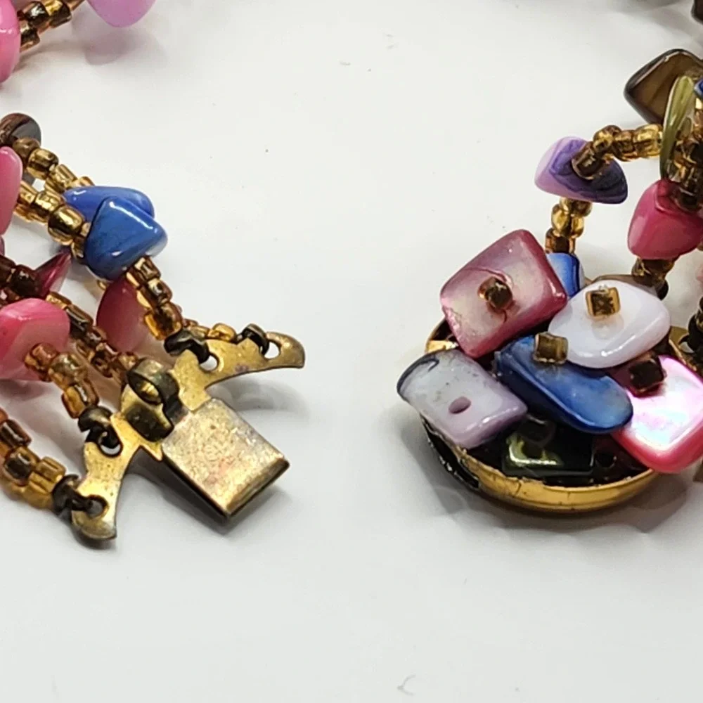 Vintage‎ Multi Strand Mother of Pearl Shell Chip Bead Necklace Colorful Boho